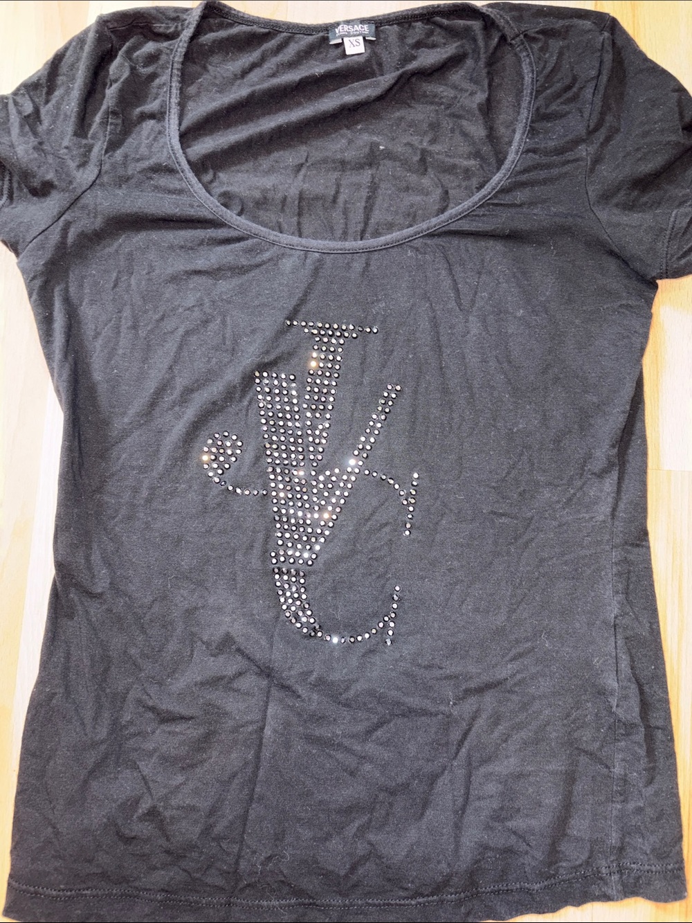 Versace Black Scoop Neck Tee with Studded Logo